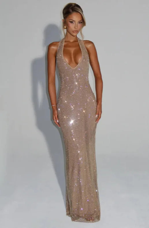 Backless Sequin Nightclub Sexy Party Dress Women Halter  Spring Summer Dress Slim Bodycon Maxi Long Dresses
