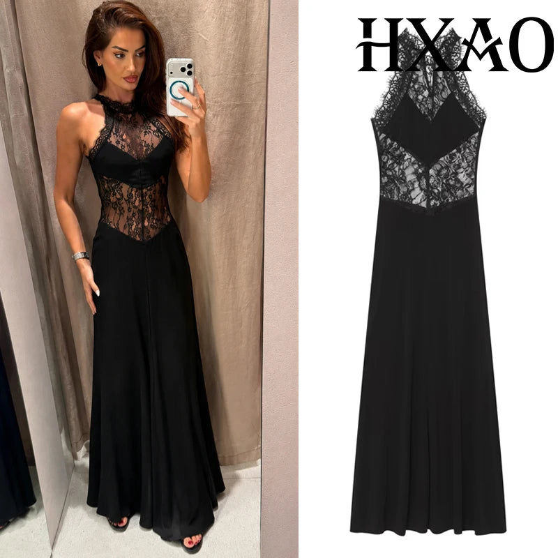 HXAO Halter Women's Lace Dress Summer Corset Elegant Party Dresses Off Shoulder Sexy Vacation Black Dress Semi Sheer Maxi Dress