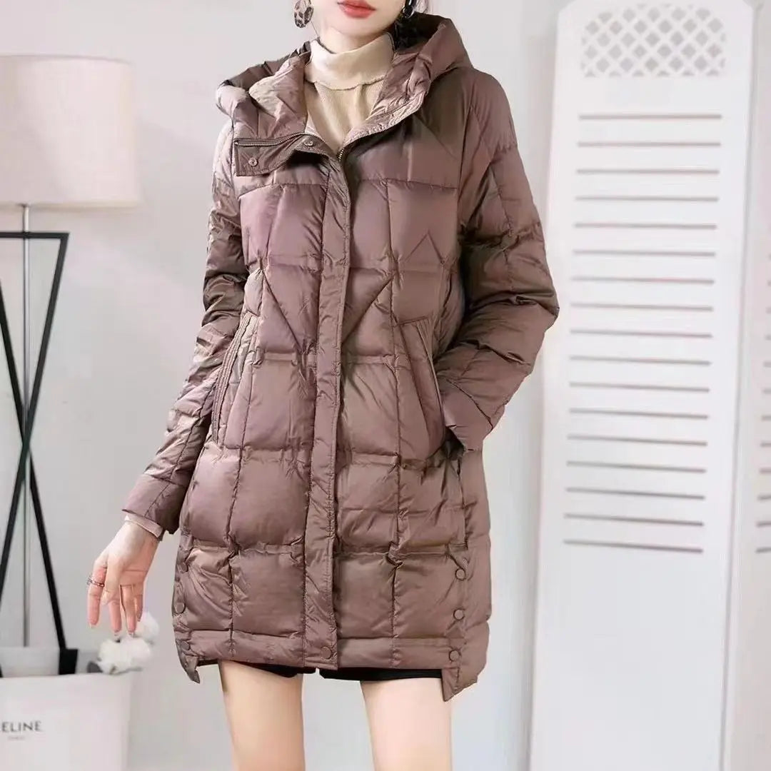 New Arrivals Women Hooded X-long  White Duck Down Jacket