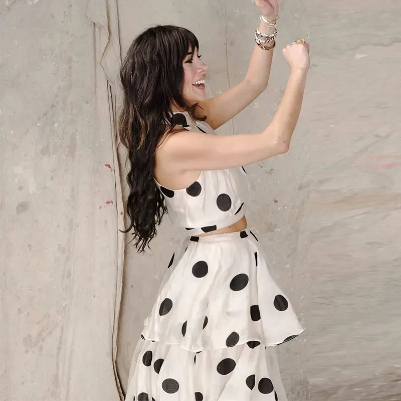 1 Polka Dots Vest Ruffles A-line Long Skirt set