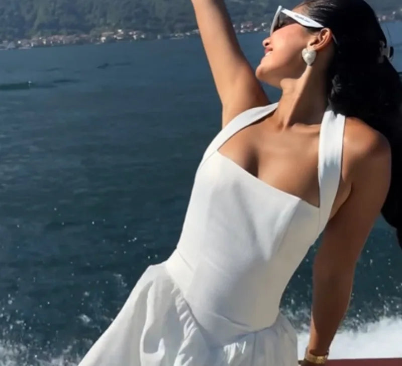 White halter neck dress