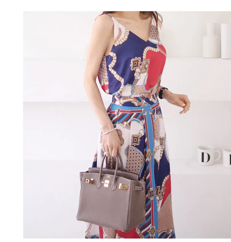 H Han Queen Hot Sale Summer Women Print Work 2 Pieces Set Camisole Top Blouses + Vintage A-Line Skirt Korean Simple Skirt Suit