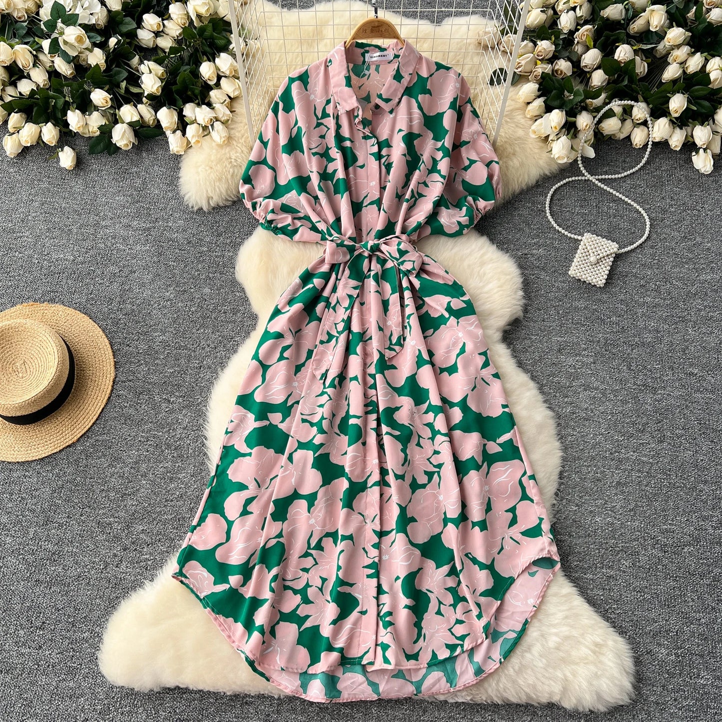 Vintage Satin Floral Pink Red