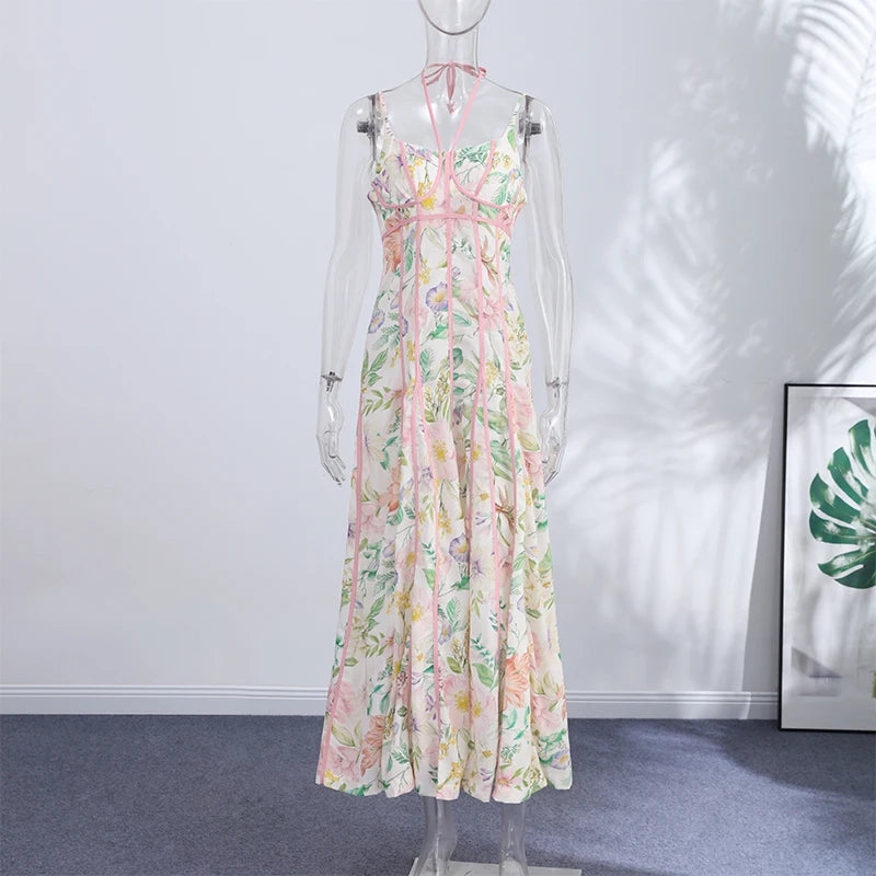 Women's Floral Print Linen Blend Maxi Dress Sweetheart Neckline Sleeveless Panelled Form With Contrast Floral Print