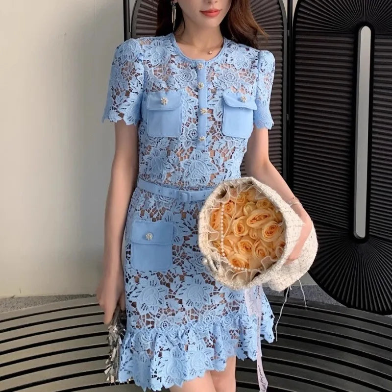 Summer Blue Floral Lace Mini dress