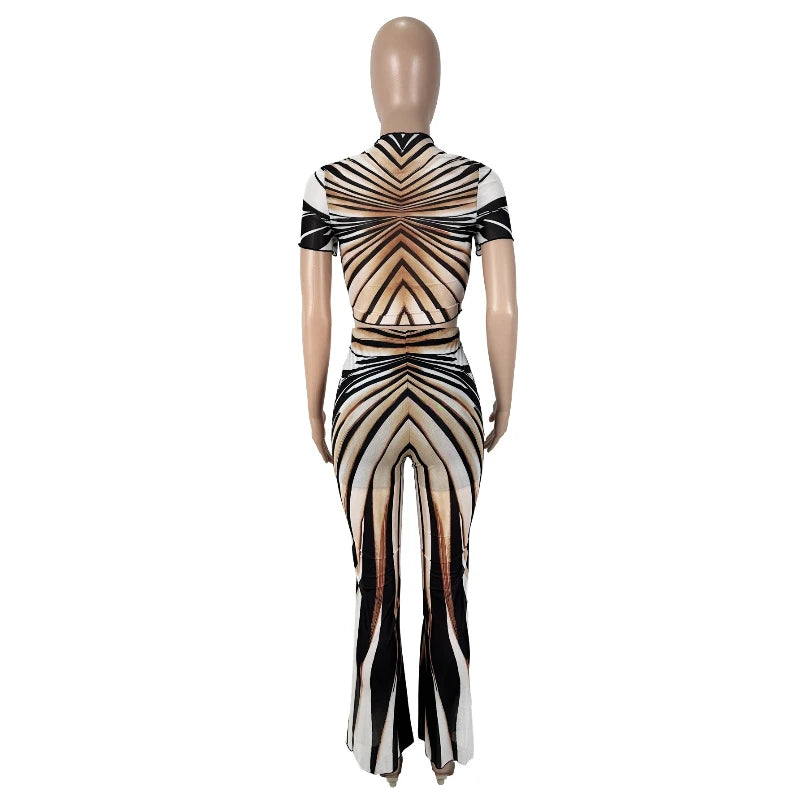 Summer Stripe Sheer Mesh Two Piece Set Women Short Sleeve Top High Waist Pants Elegant See Through Bodycon Matching Sets - Shellss