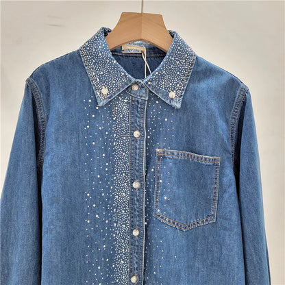 Women Hot Drilling Diamonds Beaded Denim Shirts Spring Sequined Rhinestones Jeans Blouses Jacket Long Sleeved Cardigan Tops 2024