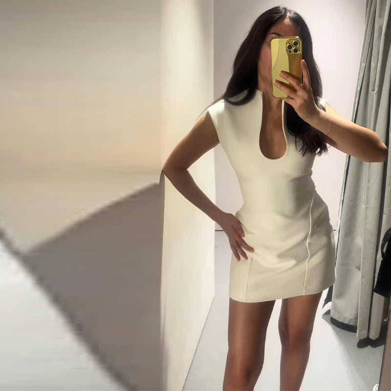 Elegant Slim Women's Dress Stand Collar Hollow Out Sleeveless Waist-Closed Lady Mini Dresses 2026 Spring Summer Female Robe