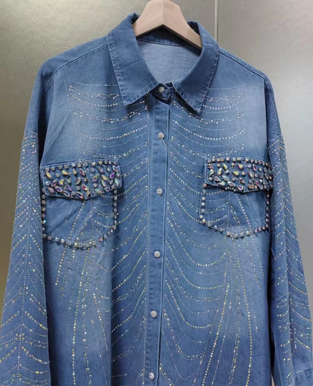 New In Autumn Sparkle Diamonds Mid-length Denim Shirts & Blouses For Women's Fashion Trend 2024   Tops Blusas Woman Clothes