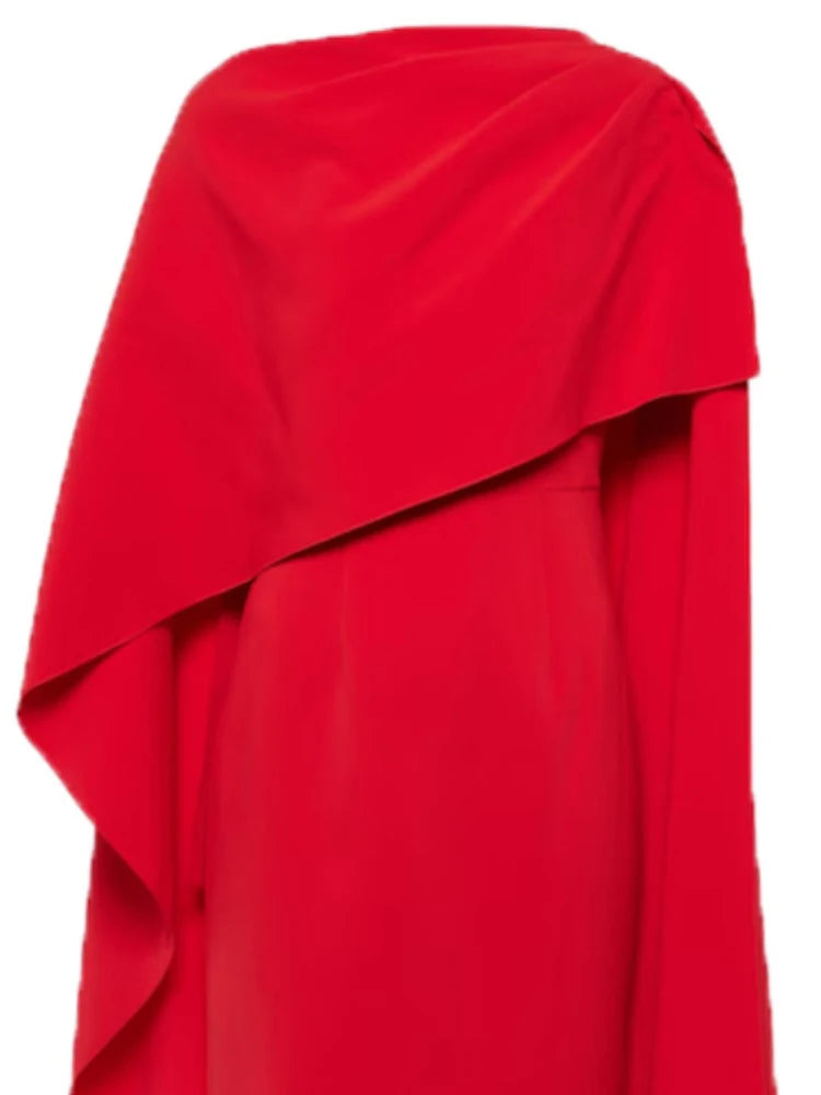 Elegant Red Dress Cape Sleeve Asymmetrical