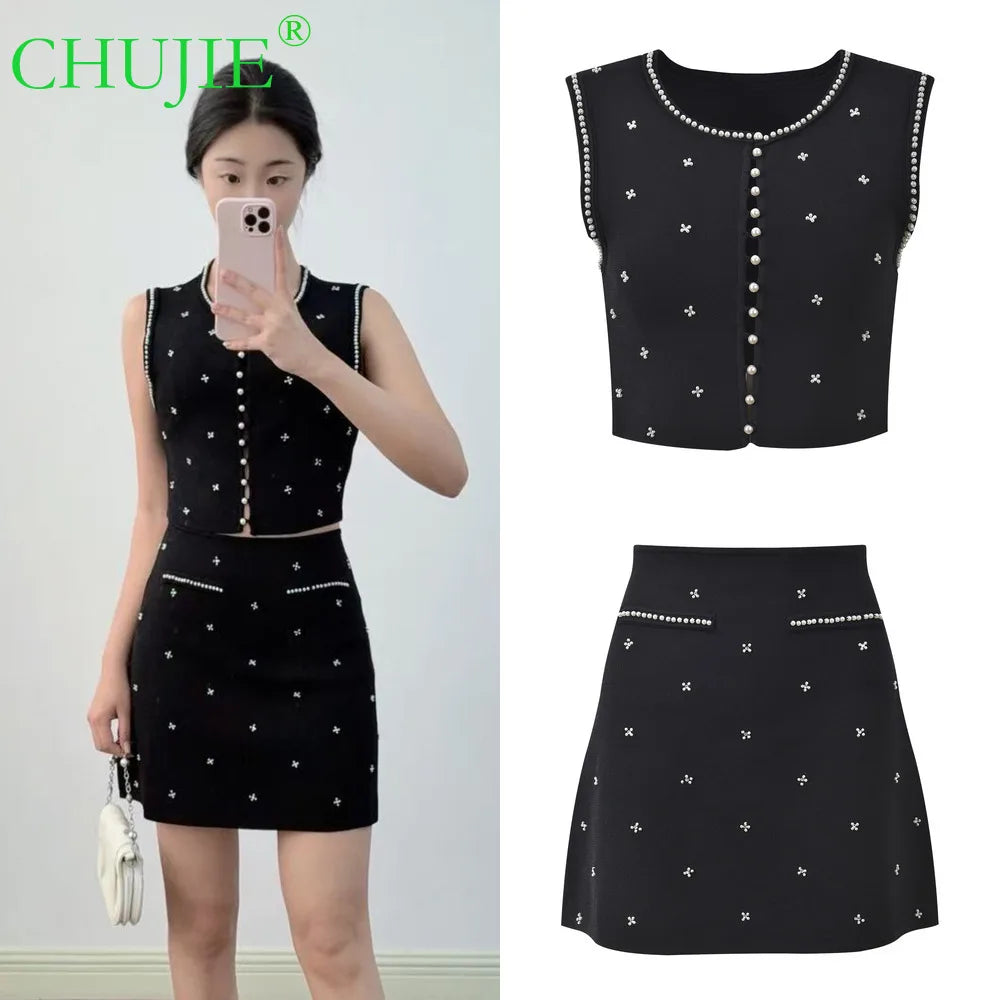 Sandro Summer New French Style Heavy Beaded Slim Fit Black Round Neck Sleeveless Top + Skirt