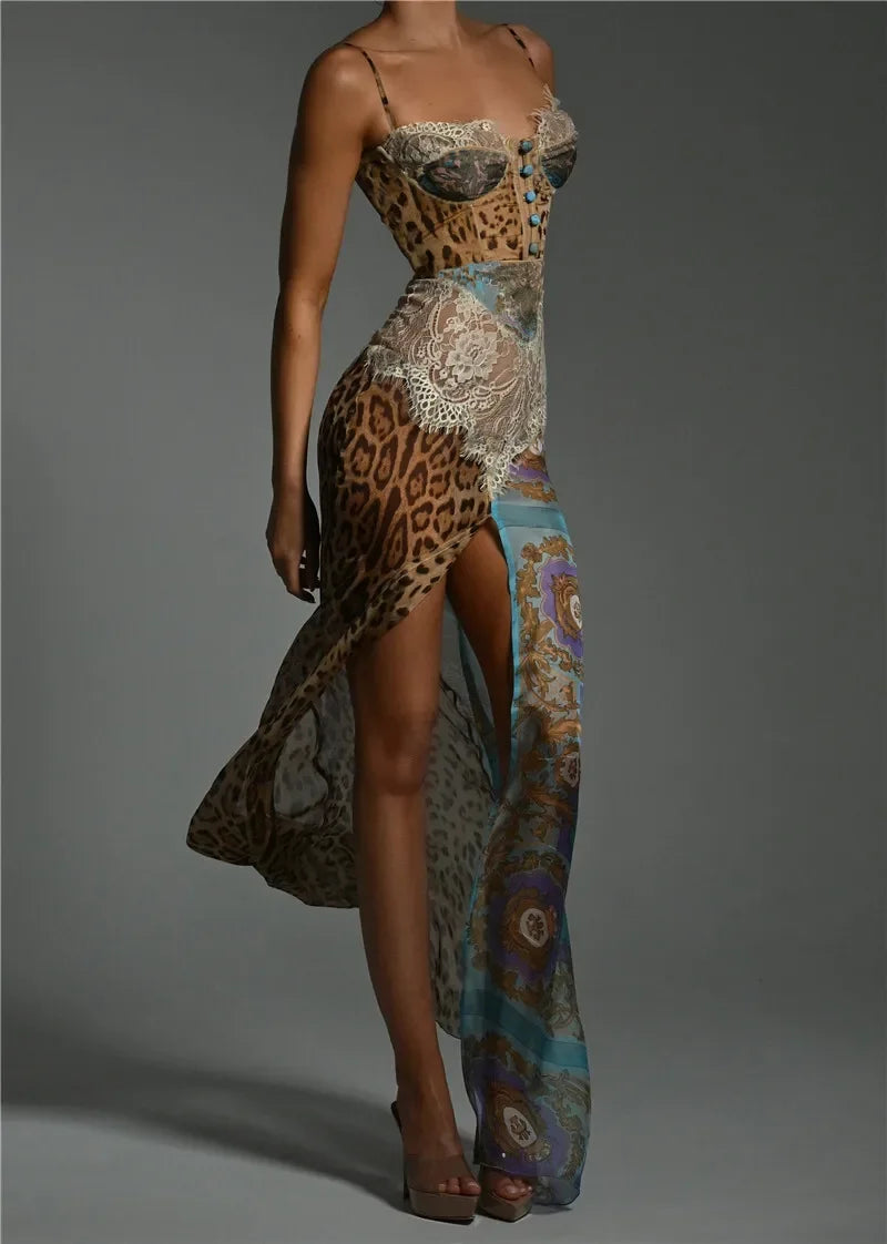 Summer Strap Leopard Lace Split Sexy Long Dress Women's Elegant Patched Chiffon Sleeveless Backless Beach Evening Dress - Shellss