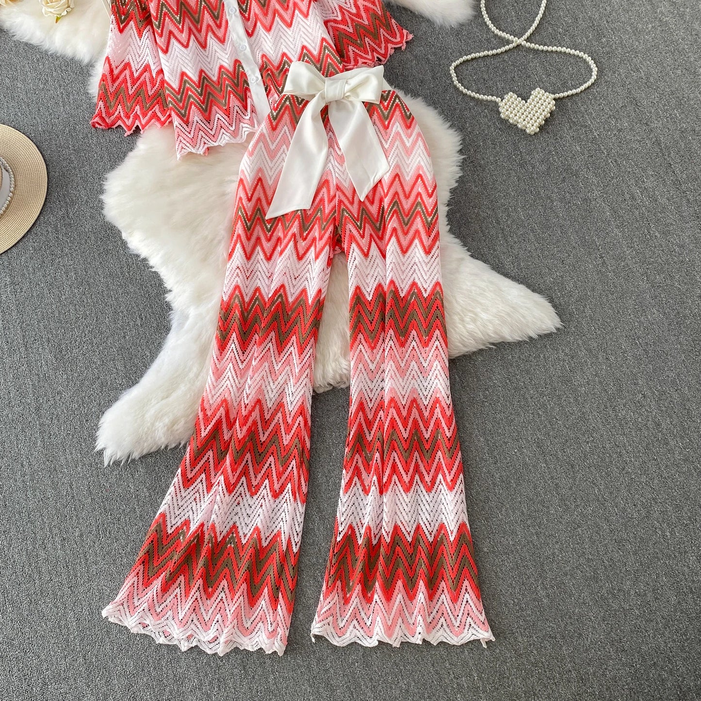 Retro Hollow out Wave Knit Set