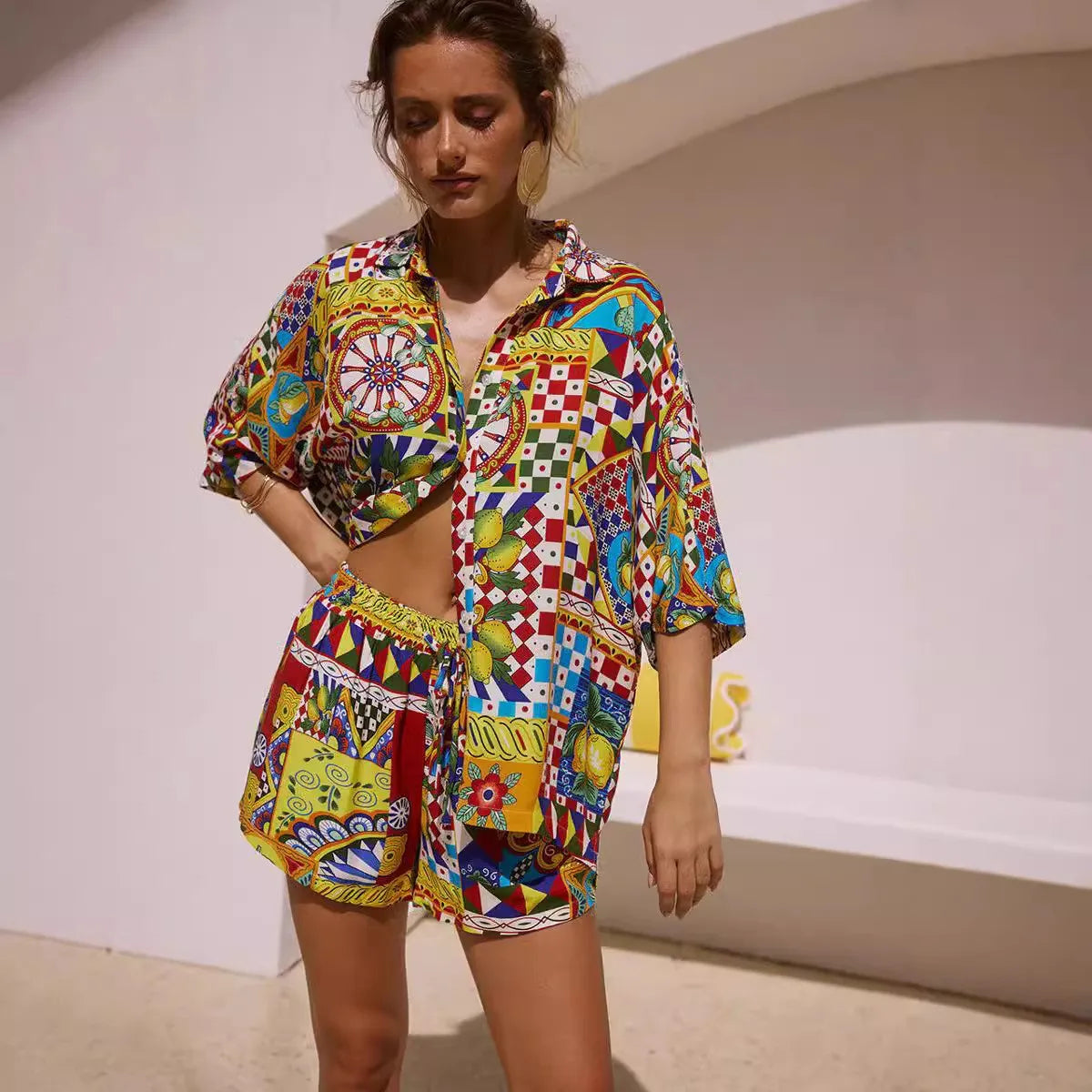 Summer Women's New Classic Printed Women's Pajamas 2-piece Set Half-sleeved Lapel Shorts Pajamas Set Casual Women's Home Clothes - Shellss