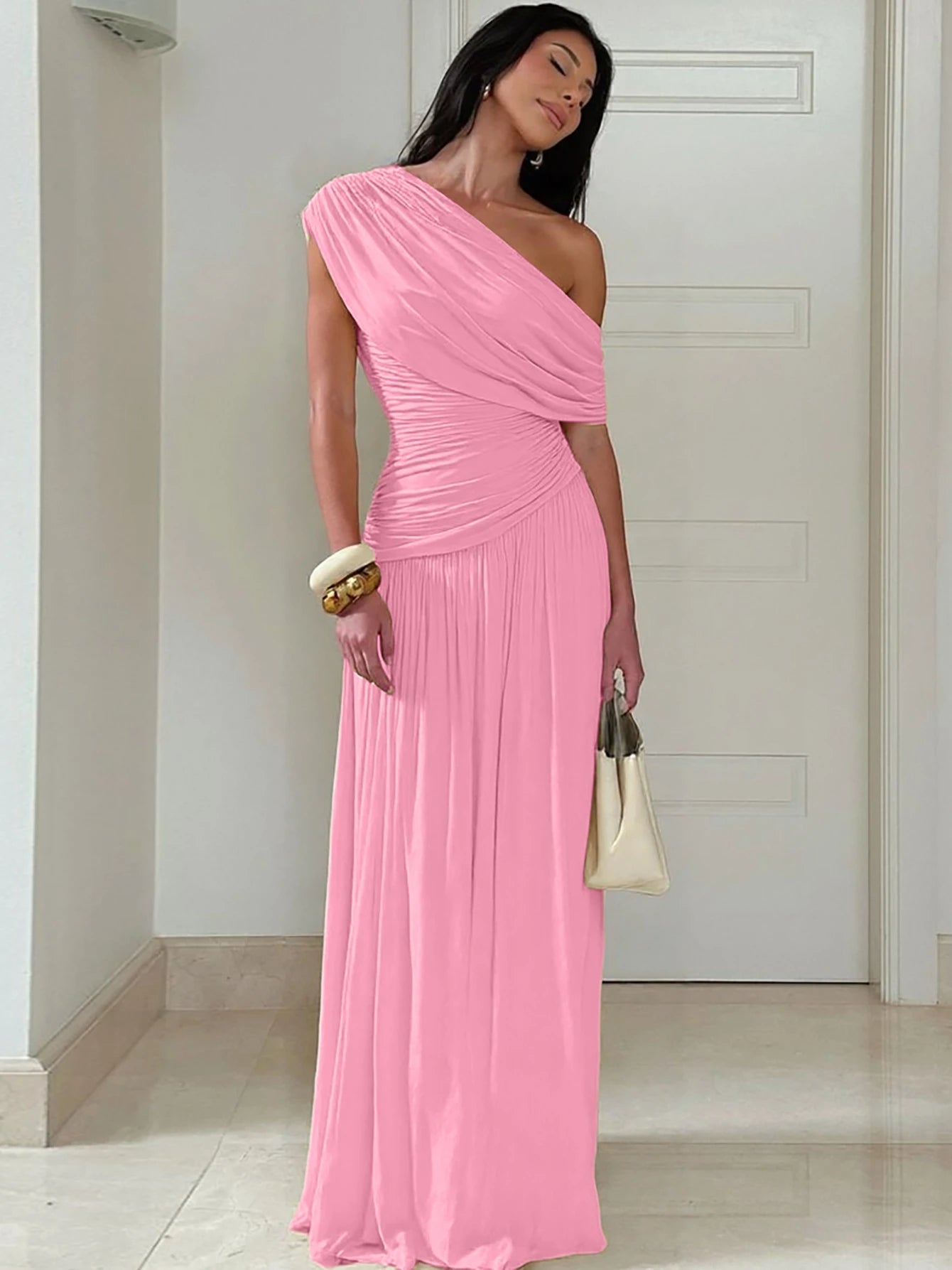 Hugcitar One Shoulder Ruched Sleeveless Solid Pleated Sexy Irregular Y2K Maxi Dress Summer Elegant Party Women Clothes Vacation - Shellss