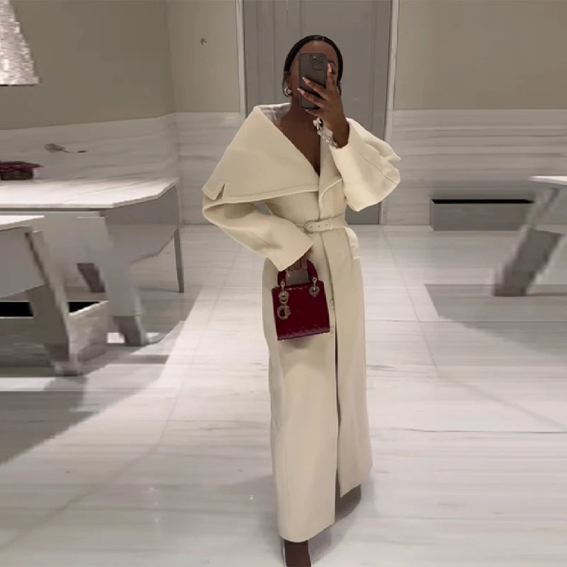 Stylish Elegant Woolen Coat Belted High-end