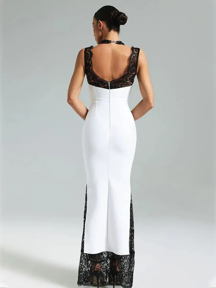 2026 Summer Fashion New Women's Elegant Lace Edge Strap Skirt Satin Splicing Sexy Temperament Bag Hip Split Dress