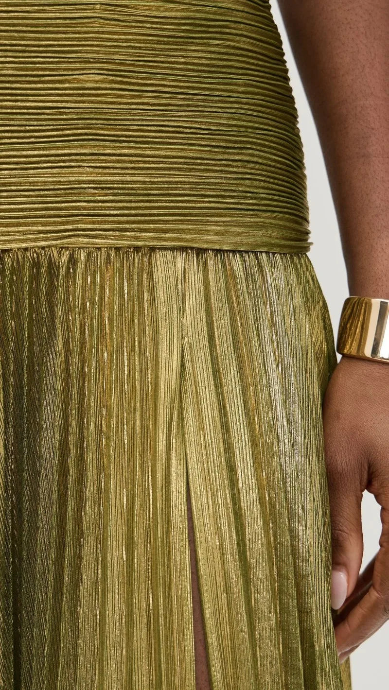 Sexy Off Shoulder Halter Folds Slit Long Dress Luxurious Women Corset Party Dress Gold Halter Neck Evening Dress