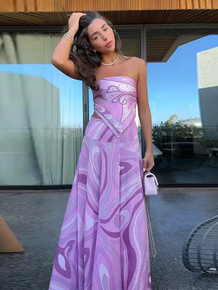 Printed Strapless Pink Skirt Set