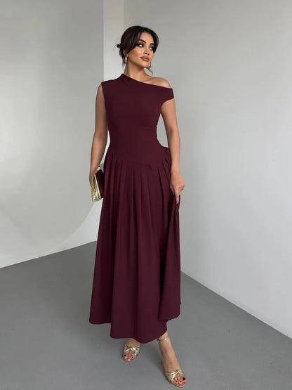 Elegant Wine Red Irregular Neck High Waist Pleated Hem