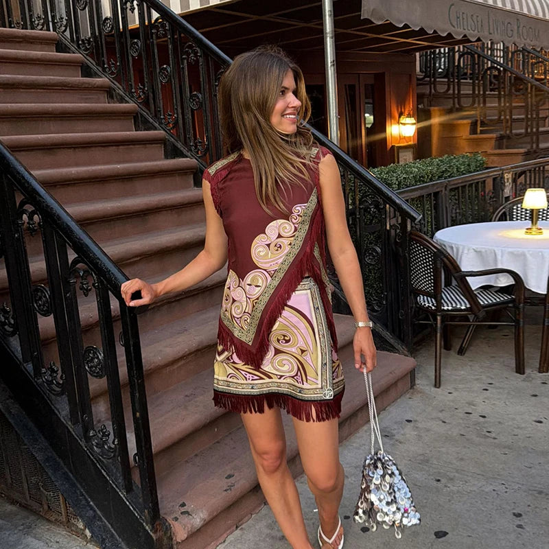 Women Retro Scarf Print Fringe Two Piece Set Sleeveless Round Neck Top Mini Skirt Boho 2026 Summer Vacation Matching Outfit - Shellss