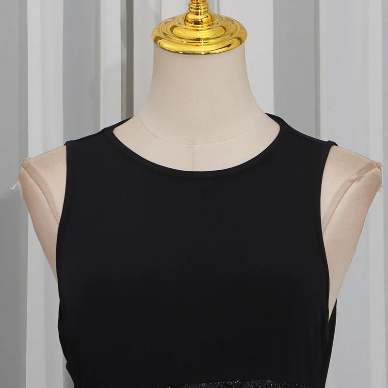 Women Sexy Spicy Girl Party Mini Dress Crew Neck Sleeveless Sequin Patchwork Twisted Knot Bodycon Short Dress Nightclub Banquet