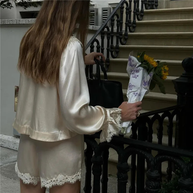 Y2K Two Piece Satin Lounge Shorts Set Women Silk Lace Trim V Neck Long Sleeve Blouse T-shirt and Shorts Elegant Lady Outfit