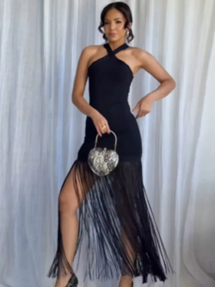 Party Tassel Dress halter neck celebrity