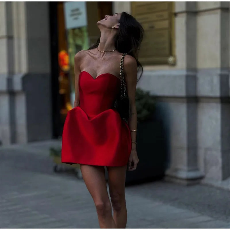 Red Bodycon High Waist Mini Dress Women Fashion Strapless Sleeveless Back Drawstring Gown 2024 Lady Party Club Wear