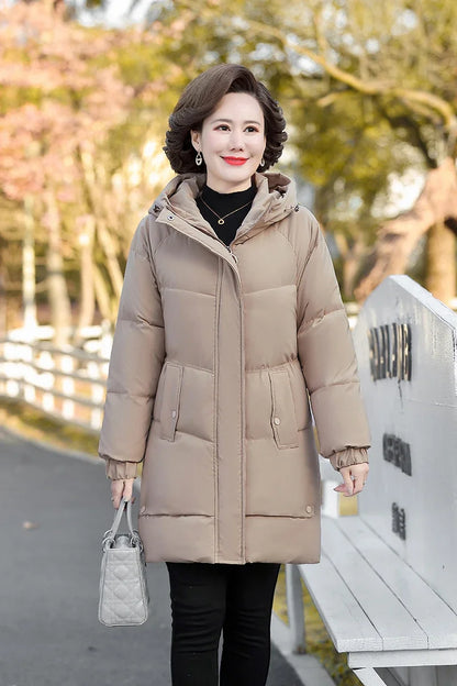 Winter Cotton padded Jacket Hooded solid color fleece thick Parkas Warm Loose Long Overcoat middle aged and Grandma Snow Coat