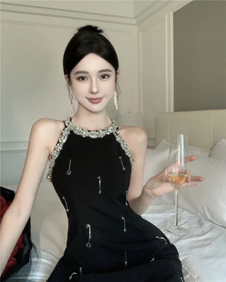 High Quality French Luxury Diamonds Beading Party Dresses For Women 2023 Summer New Elegant Fashion Sleeveless Sexy Dress Robes