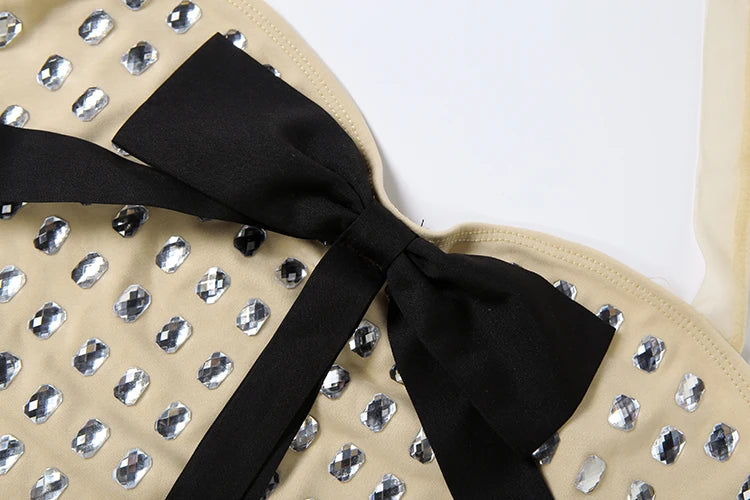 Weird Puss Rhinestone Decoration Dress Women Bow Tassel Halter Bandage Backless Sleeveless Skinny Sweet Fashion Party Bodycon