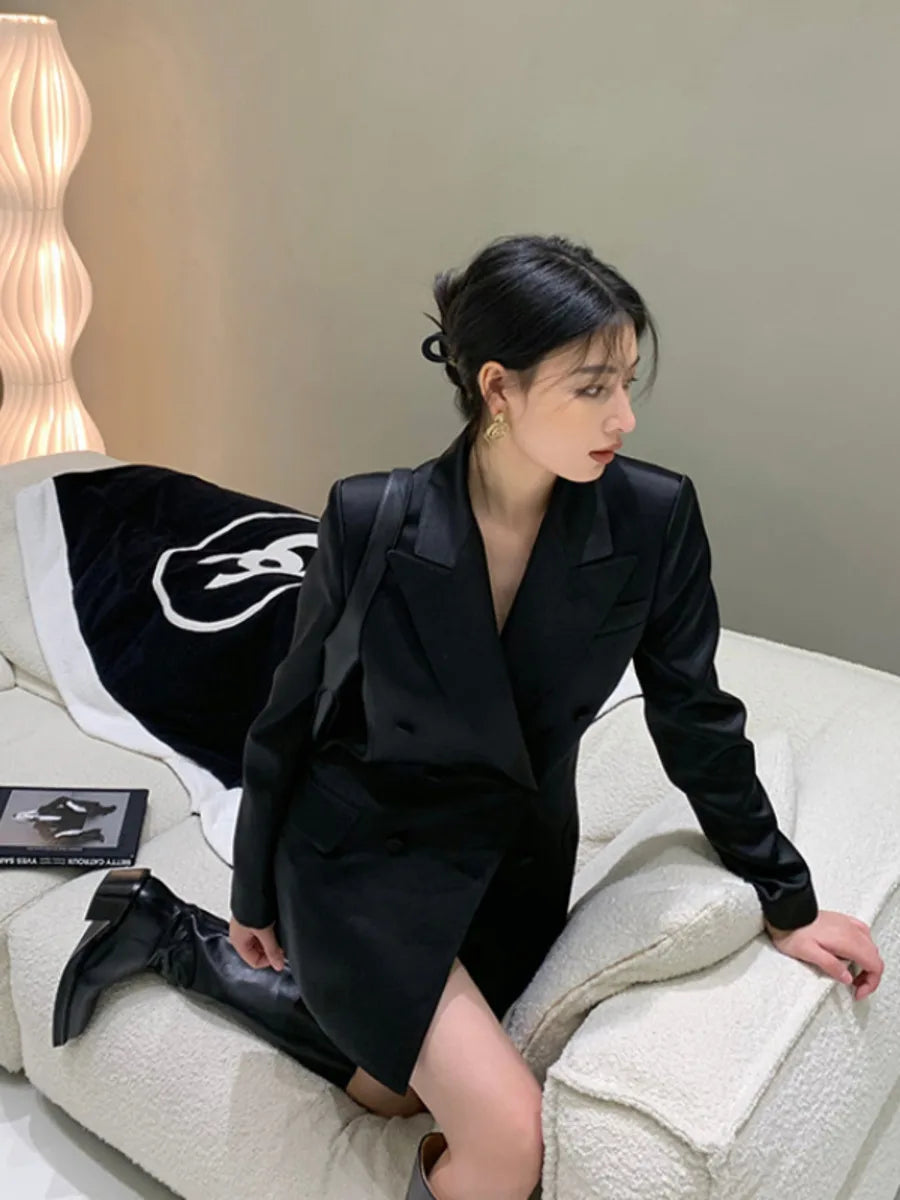 Silk Blazers Dress Jacket Double-breasted Women Suit Coat