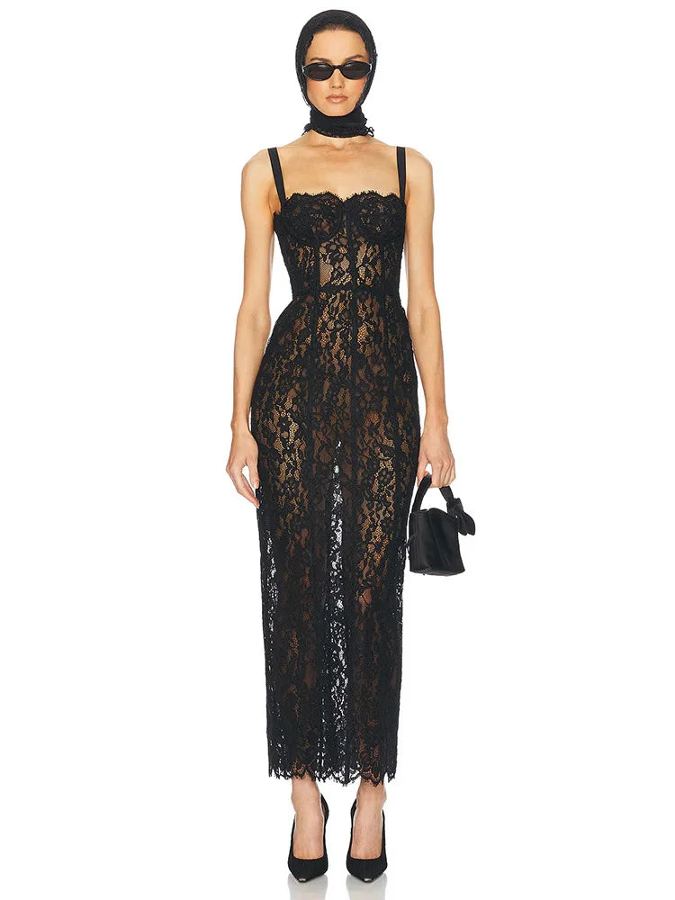 Sexy Spaghetti Strap V Neck Lace Long Dress Women Black Floral Lace Sleeveless Bodycon Dresses Elegant Evening Celebrity Party - Shellss