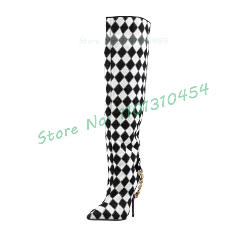 Black-white Checkered Knee-high Boots Women Stylish Gold Chain