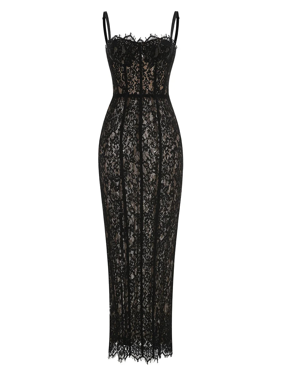 2025 Sexy See Through Lace Spaghetti Sleeveless Bodycon Long Dress Elegant Woman Party Vestido Celebrity Evening Party Outfit - Shellss