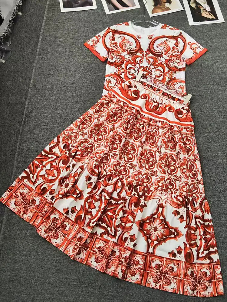 2026 Fashion Print Two-Piece Suit T-Sleeve T-Shirt round Neck Short Sleeves Big Fluffy Skirt Temperament Female Dress Code - Shellss