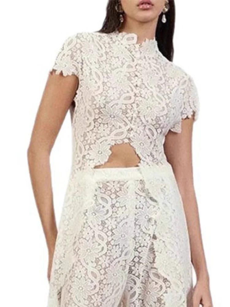 Casual Lace Long Coats Pant Set Women Solid See Through Tops Long Straight Pants Sets Female 2026 Spring Summer Lady Suits