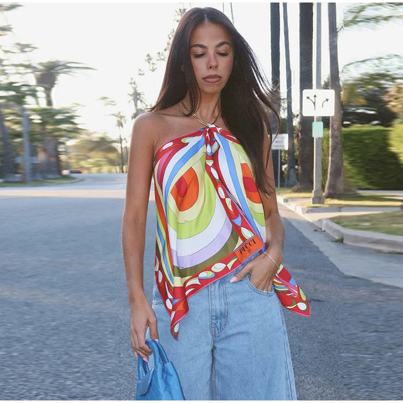 Fashion Printed Halter Vest Skirts Sets Women's Sleeveless Backless Tops Floor-length Skirt 2025 Summe New Beach Vacation suit