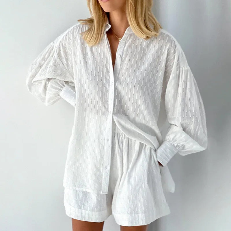 Elegant Jacquard Solid Color Shirt & Shorts Two-Piece Set