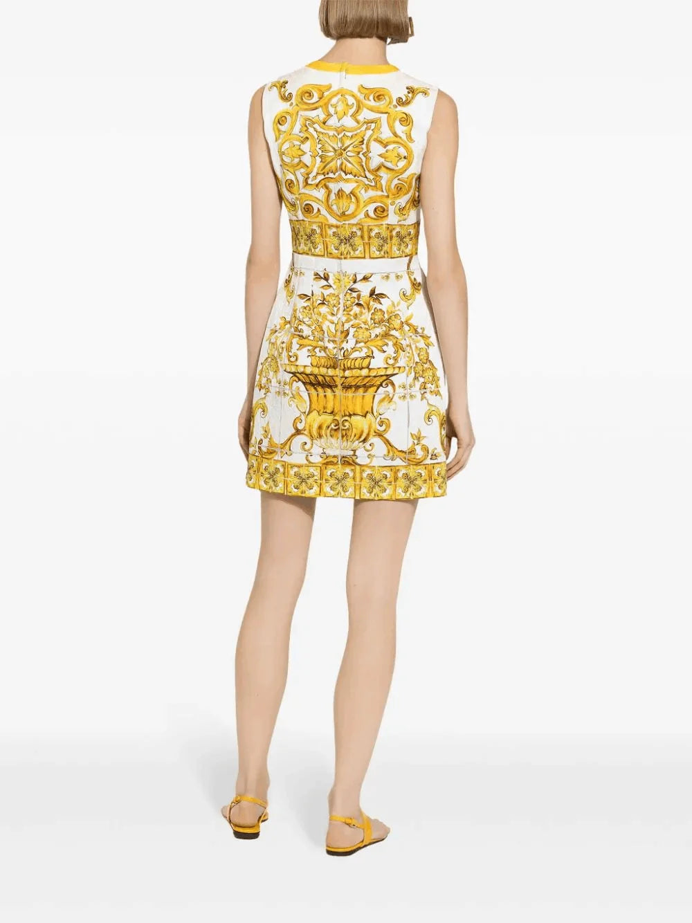 Street Style Floral Print  Dress Waist Cinched Sleeveless round Neck Vest Dress Yellow Porcelain Pattern Summer New Arrival - Shellss