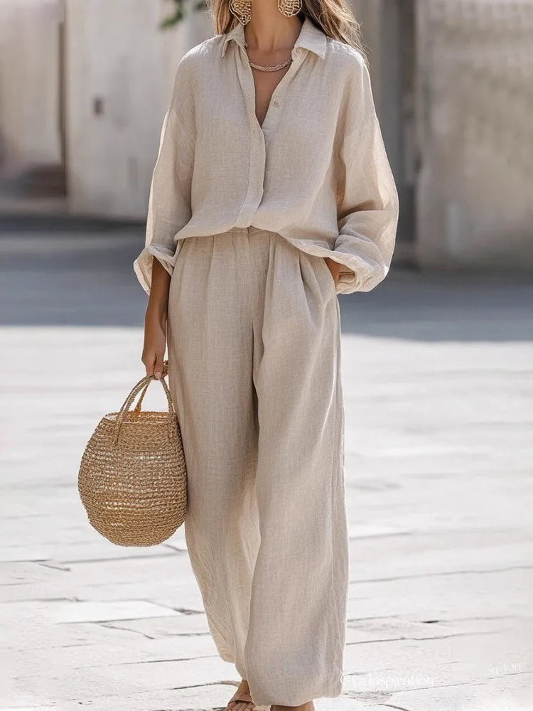 Linen Shirt Pants Suits Casual Two Piece Set