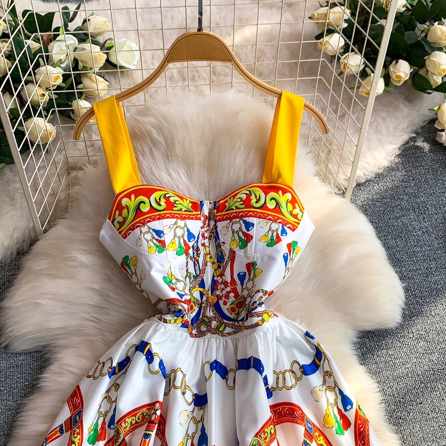 Retro Print Strapless Tube Dress Women's Summer Slimming A-Line Long Dress Court Style with Chest Pad Comfortable Breathable