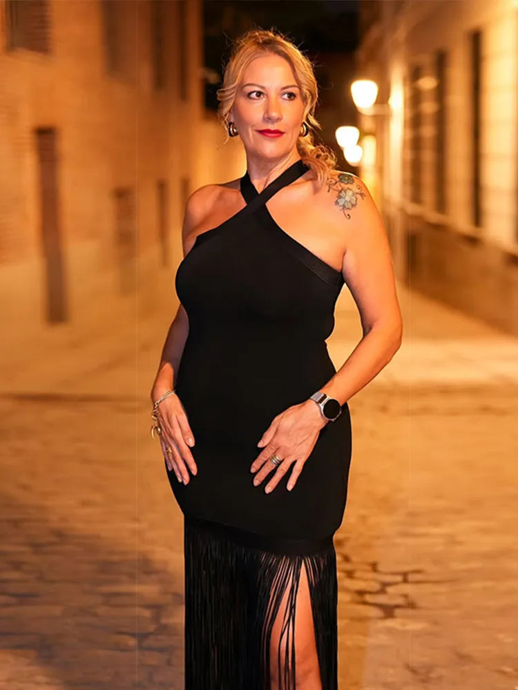 Party Tassel Dress halter neck celebrity