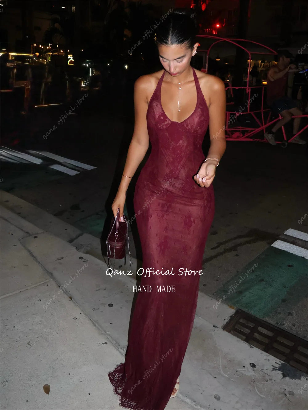 Qanz Modern Lace Appliques Evening Dresses Mermaid Burgundy Wedding Guest Dress Backless Vestidos Feminino Elegante Customized