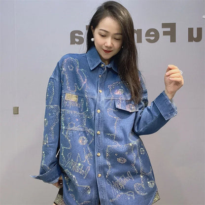 Women Hot Drilling Animals Sequined Denim Shirt Autumn Rhinestones Jeans Jacket Crystal Cowboy Cardigan Single Breasted Tops