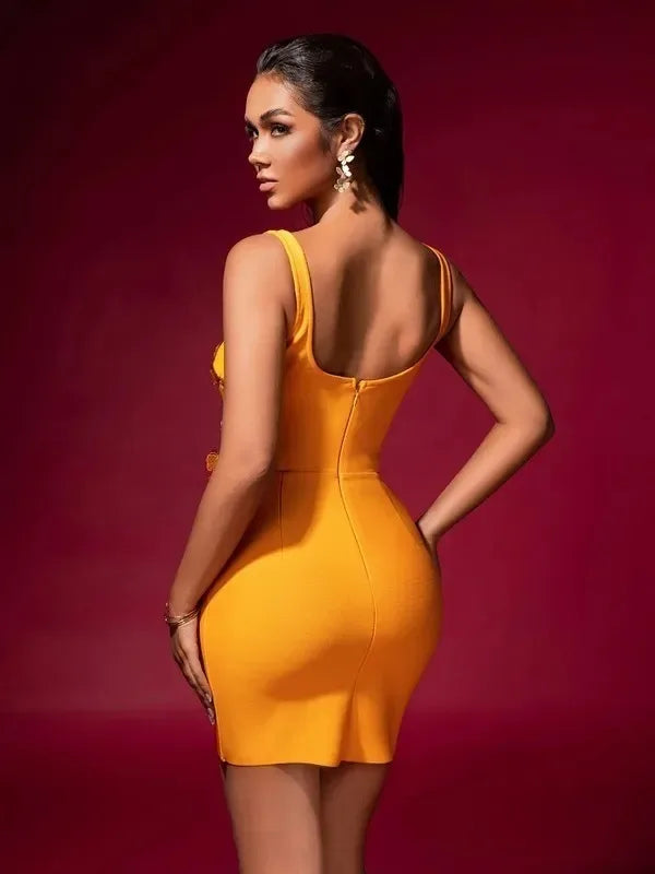 Yellow Runway Mini Knitted Bandage Dress Women 3D Butterfly Sexy High Street Elastic Vestidos Mini Dress Party Club Lady Dresses