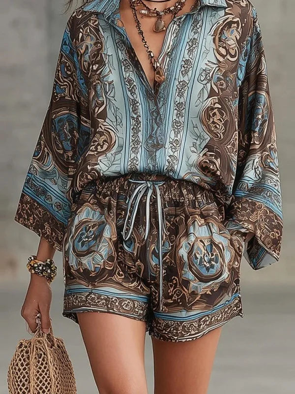 Floral Print Long Sleeve Shirt Shorts Set Women's High Waist Short Pants Outfit Casual Sportswear Two-Piece Set Polyester Fabric - Shellss