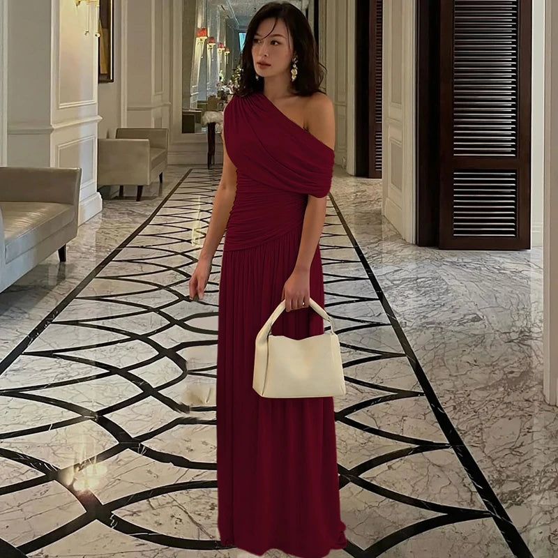 Hugcitar One Shoulder Ruched Sleeveless Solid Pleated Sexy Irregular Y2K Maxi Dress Summer Elegant Party Women Clothes Vacation - Shellss