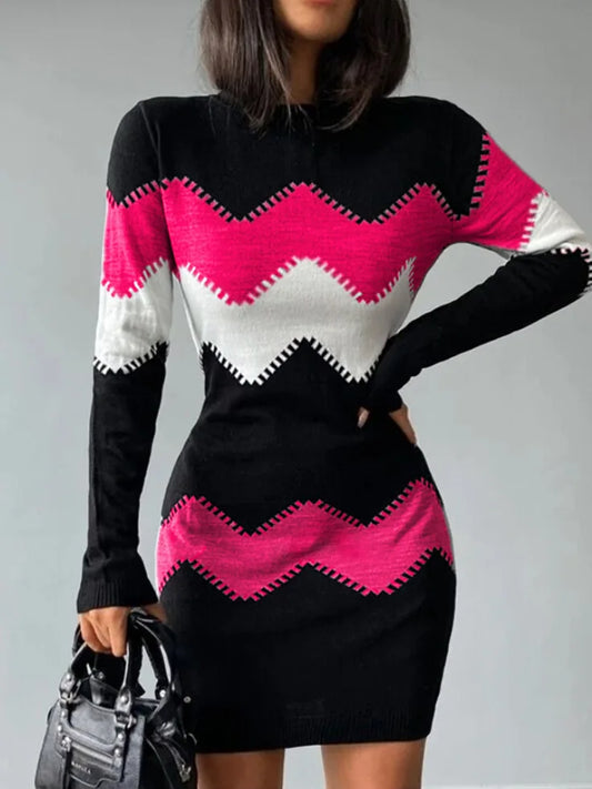 Fashion Print Knitted Mini Dress Women